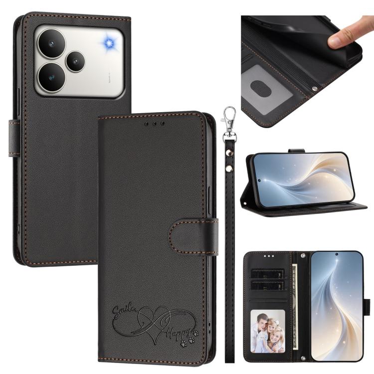 Happy Heart Pattern Magnetic Closure Vegan Leather Phone Case with Wrist Strap, For Realme P4x 5G, For Realme C71 4G India / Note 70 4G, For Realme C85 Pro 4G, For Realme P4 Pro 5G, For Realme P4 5G, For Realme 15T 5G Global                            ...