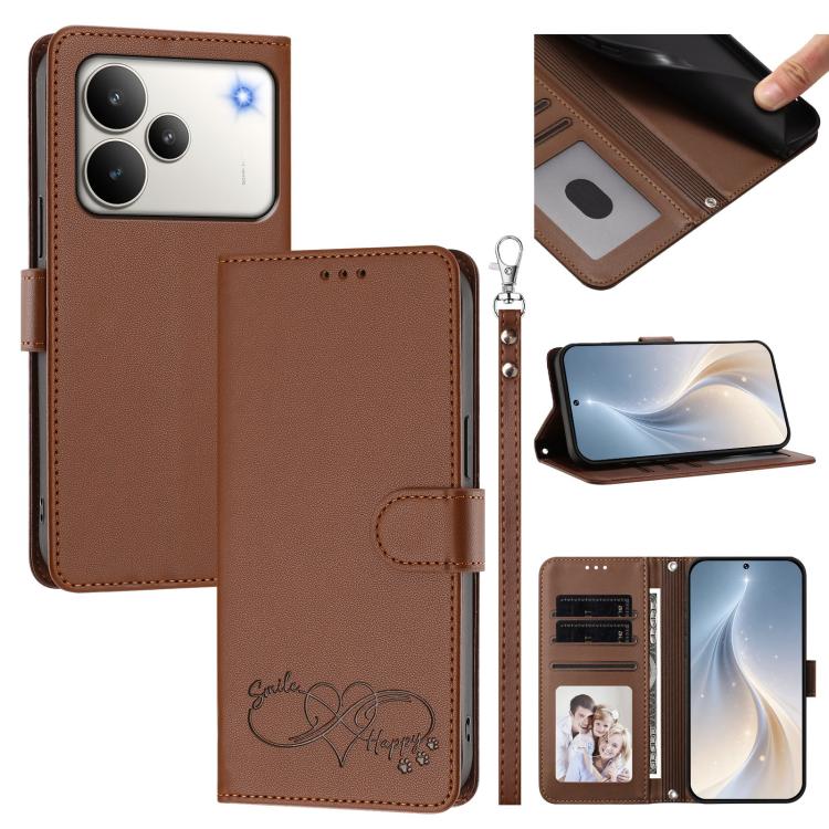 Happy Heart Pattern Magnetic Closure Vegan Leather Phone Case with Wrist Strap, For Realme P4x 5G, For Realme C71 4G India / Note 70 4G, For Realme C85 Pro 4G, For Realme P4 Pro 5G, For Realme P4 5G, For Realme 15T 5G Global                            ...