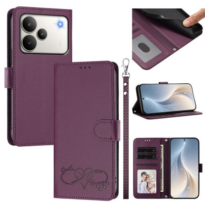 Happy Heart Pattern Magnetic Closure Vegan Leather Phone Case with Wrist Strap, For Realme P4x 5G, For Realme C71 4G India / Note 70 4G, For Realme C85 Pro 4G, For Realme P4 Pro 5G, For Realme P4 5G, For Realme 15T 5G Global                            ...