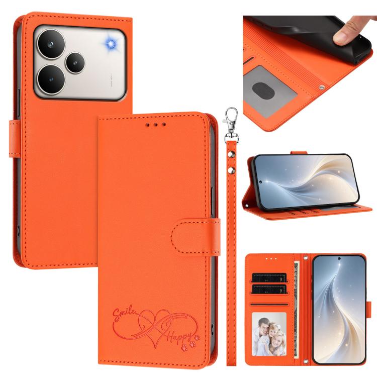 Happy Heart Pattern Magnetic Closure Vegan Leather Phone Case with Wrist Strap, For Realme P4x 5G, For Realme C71 4G India / Note 70 4G, For Realme C85 Pro 4G, For Realme P4 Pro 5G, For Realme P4 5G, For Realme 15T 5G Global                            ...