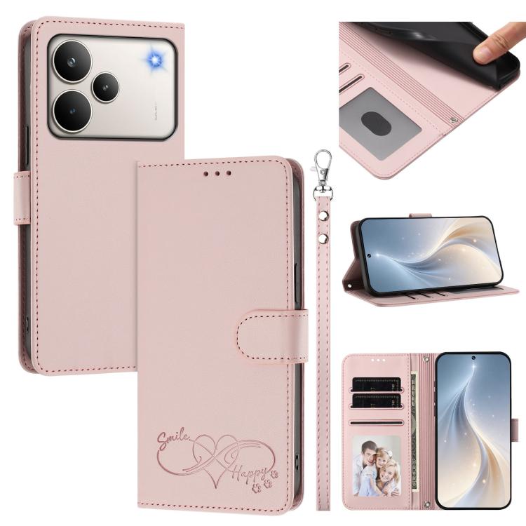 Happy Heart Pattern Magnetic Closure Vegan Leather Phone Case with Wrist Strap, For Realme P4x 5G, For Realme C71 4G India / Note 70 4G, For Realme C85 Pro 4G, For Realme P4 Pro 5G, For Realme P4 5G, For Realme 15T 5G Global                            ...