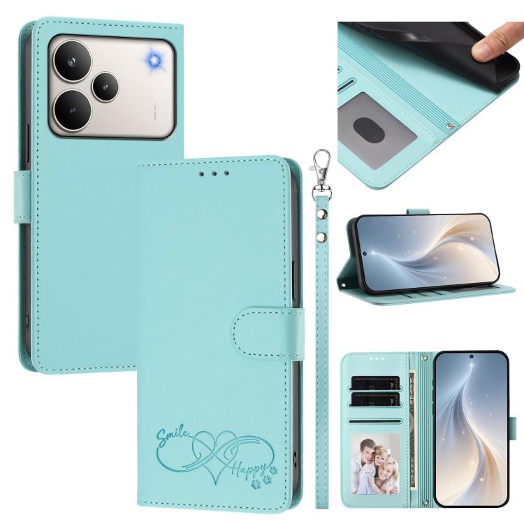 Happy Heart Pattern Magnetic Closure Vegan Leather Phone Case with Wrist Strap, For Realme P4x 5G, For Realme C71 4G India / Note 70 4G, For Realme C85 Pro 4G, For Realme P4 Pro 5G, For Realme P4 5G, For Realme 15T 5G Global                            ...