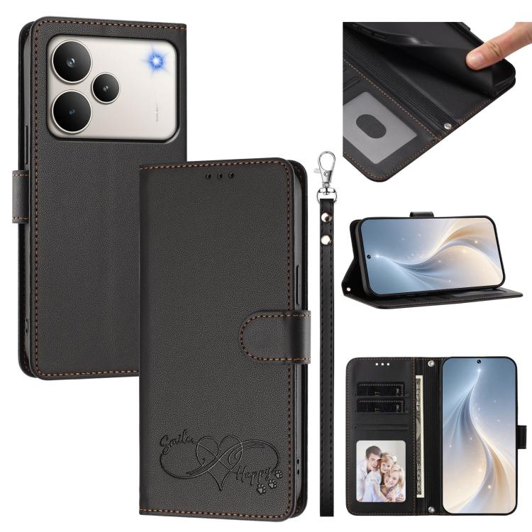 Happy Heart Pattern Magnetic Closure Vegan Leather Phone Case with Wrist Strap, For Realme P4x 5G, For Realme C71 4G India / Note 70 4G, For Realme C85 Pro 4G, For Realme P4 Pro 5G, For Realme P4 5G, For Realme 15T 5G Global                            ...