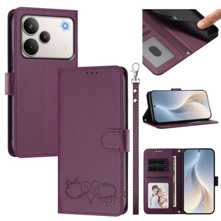 Happy Heart Pattern Magnetic Closure Vegan Leather Phone Case with Wrist Strap, For Realme P4x 5G, For Realme C71 4G India / Note 70 4G, For Realme C85 Pro 4G, For Realme P4 Pro 5G, For Realme P4 5G, For Realme 15T 5G Global                            ...