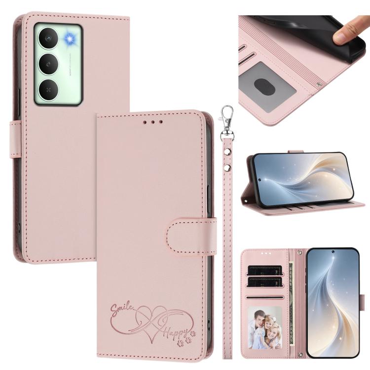 Happy Heart Pattern Magnetic Closure Vegan Leather Phone Case with Wrist Strap, For Realme GT 7 5G Global / 5G India, For Realme V70 5G / 14x Global, For Realme Narzo 80 Pro / 14 Pro 5G India, For Realme C75 4G Global / Narzo 80x 5G, For Realme Narzo 8...