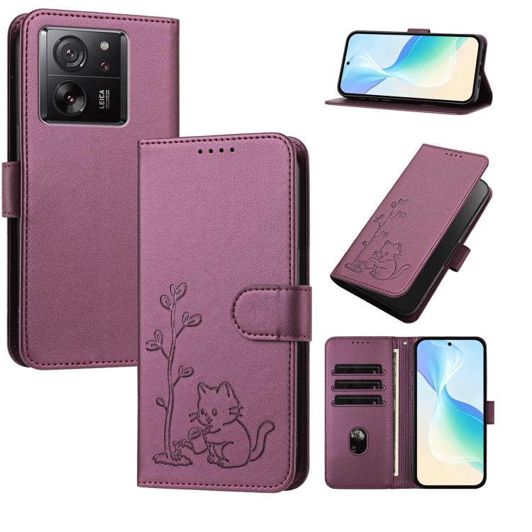 YX0014 Cat Watering Tree Buckle Vegan Leather Phone Case with Lanyard, For Xiaomi 14, For Xiaomi 13T, For Xiaomi 13 Lite / Civi 2
