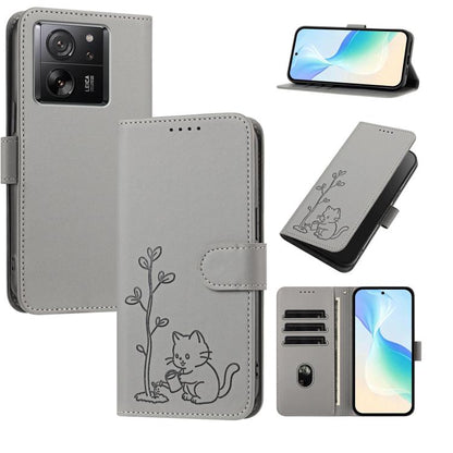YX0014 Cat Watering Tree Buckle Vegan Leather Phone Case with Lanyard, For Xiaomi 14, For Xiaomi 13T, For Xiaomi 13 Lite / Civi 2