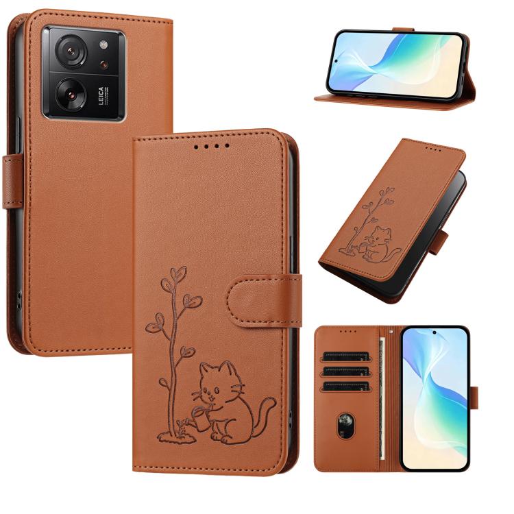 YX0014 Cat Watering Tree Buckle Vegan Leather Phone Case with Lanyard, For Xiaomi 14, For Xiaomi 13T, For Xiaomi 13 Lite / Civi 2