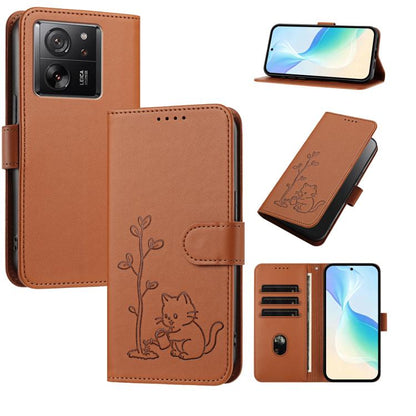 YX0014 Cat Watering Tree Buckle Vegan Leather Phone Case with Lanyard, For Xiaomi 14, For Xiaomi 13T, For Xiaomi 13 Lite / Civi 2