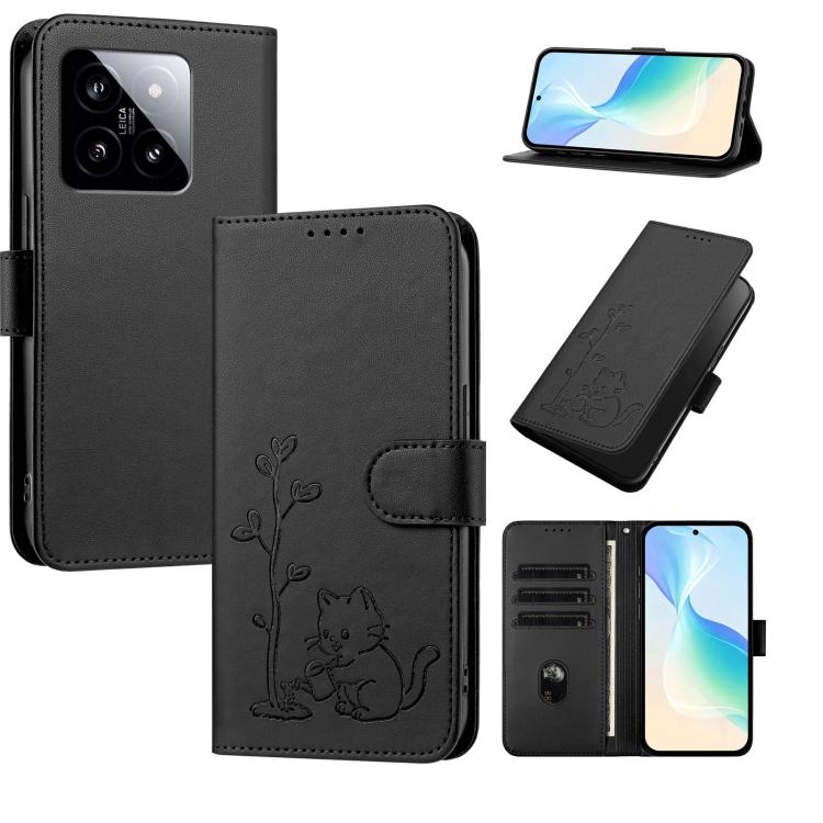 YX0014 Cat Watering Tree Buckle Vegan Leather Phone Case with Lanyard, For Xiaomi 14, For Xiaomi 13T, For Xiaomi 13 Lite / Civi 2