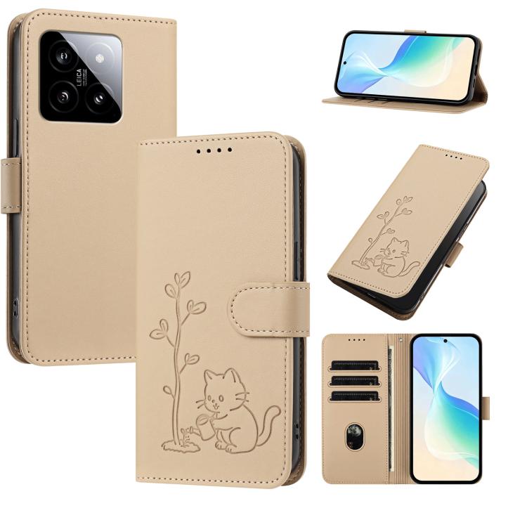 YX0014 Cat Watering Tree Buckle Vegan Leather Phone Case with Lanyard, For Xiaomi 14, For Xiaomi 13T, For Xiaomi 13 Lite / Civi 2