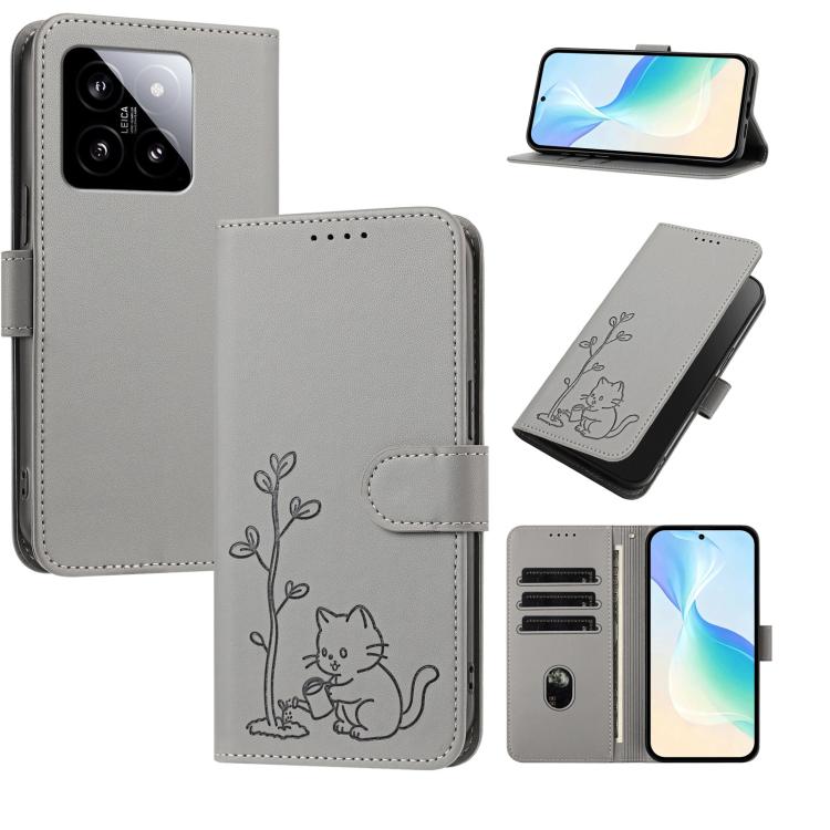 YX0014 Cat Watering Tree Buckle Vegan Leather Phone Case with Lanyard, For Xiaomi 14, For Xiaomi 13T, For Xiaomi 13 Lite / Civi 2