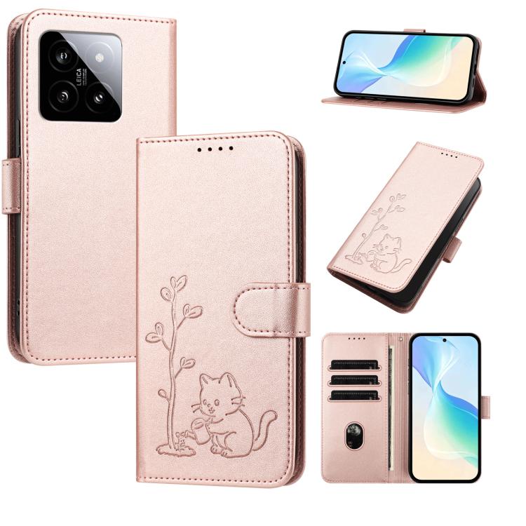 YX0014 Cat Watering Tree Buckle Vegan Leather Phone Case with Lanyard, For Xiaomi 14, For Xiaomi 13T, For Xiaomi 13 Lite / Civi 2