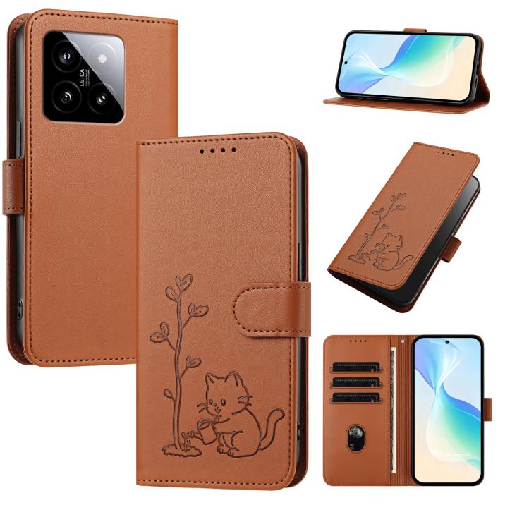 YX0014 Cat Watering Tree Buckle Vegan Leather Phone Case with Lanyard, For Xiaomi 14, For Xiaomi 13T, For Xiaomi 13 Lite / Civi 2