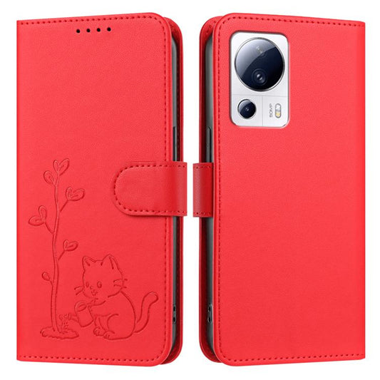 YX0014 Cat Watering Tree Buckle Vegan Leather Phone Case with Lanyard, For Xiaomi 13 Lite / Civi 2