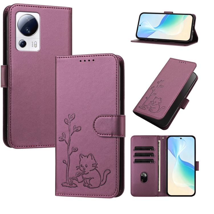 YX0014 Cat Watering Tree Buckle Vegan Leather Phone Case with Lanyard, For Xiaomi 13 Lite / Civi 2