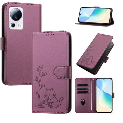 YX0014 Cat Watering Tree Buckle Vegan Leather Phone Case with Lanyard, For Xiaomi 13 Lite / Civi 2