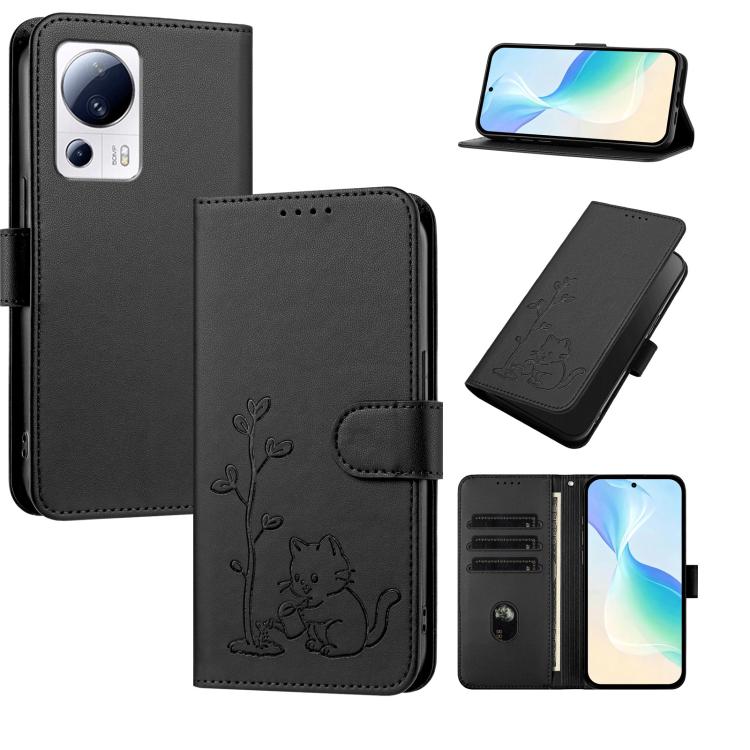 YX0014 Cat Watering Tree Buckle Vegan Leather Phone Case with Lanyard, For Xiaomi 13 Lite / Civi 2