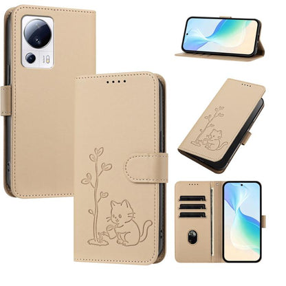 YX0014 Cat Watering Tree Buckle Vegan Leather Phone Case with Lanyard, For Xiaomi 13 Lite / Civi 2