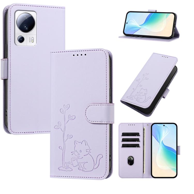 YX0014 Cat Watering Tree Buckle Vegan Leather Phone Case with Lanyard, For Xiaomi 13 Lite / Civi 2