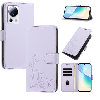 YX0014 Cat Watering Tree Buckle Vegan Leather Phone Case with Lanyard, For Xiaomi 13 Lite / Civi 2