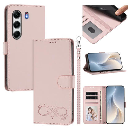 Happy Heart Pattern Magnetic Closure Vegan Leather Phone Case with Wrist Strap, For Tecno Pova 7 4G, For Tecno Spark Go 1/Go 2025, For Tecno Camon 40 Pro 4G Global, For Tecno Camon 40 Premier, For Tecno Camon 40, For Tecno Spark 30C 5G/Pop 9 5G        ...