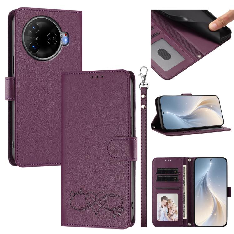 Happy Heart Pattern Magnetic Closure Vegan Leather Phone Case with Wrist Strap, For Tecno Spark 30, For Tecno Pova 6 Neo 5G, For Tecno Spark 30C, For Tecno Spark 20 Pro 5G, For Tecno Spark 10 Pro Magic Magenta, For Tecno Pova 6, For Tecno Pova 6 / 6 Pr...