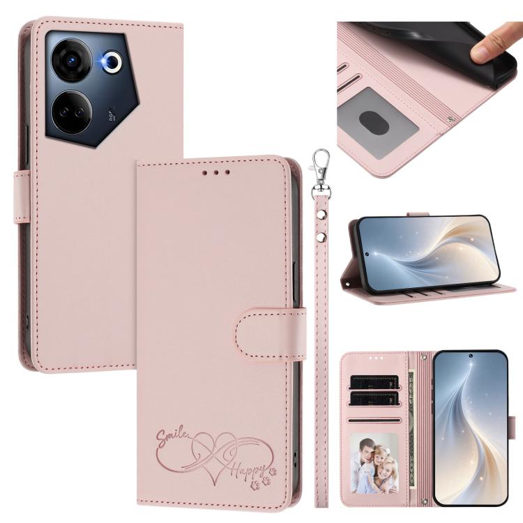 Happy Heart Pattern Magnetic Closure Vegan Leather Phone Case with Wrist Strap, For Tecno Camon 30 / 30 5G, For Tecno Spark 20 Pro+, For Tecno Pova 5 Pro, For Tecno Pova Neo 3, For Tecno Pova 5 4G, For Tecno Camon 20 Premier, For Tecno Camon 20 Pro 5G ...