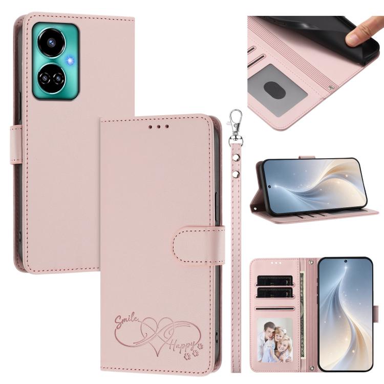 Happy Heart Pattern Magnetic Closure Vegan Leather Phone Case with Wrist Strap, For Tecno Spark 10C/Spark 10, For Tecno Spark 10 Pro/K17 4G, For Tecno Camon 19/19 Pro 5G, For Tecno Pova 4 Pro, For Tecno Pova 4