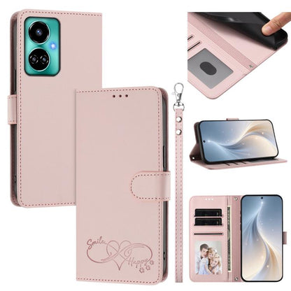Happy Heart Pattern Magnetic Closure Vegan Leather Phone Case with Wrist Strap, For Tecno Spark 10C/Spark 10, For Tecno Spark 10 Pro/K17 4G, For Tecno Camon 19/19 Pro 5G, For Tecno Pova 4 Pro, For Tecno Pova 4