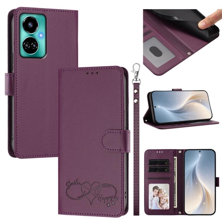 Happy Heart Pattern Magnetic Closure Vegan Leather Phone Case with Wrist Strap, For Tecno Spark 10C/Spark 10, For Tecno Spark 10 Pro/K17 4G, For Tecno Camon 19/19 Pro 5G, For Tecno Pova 4 Pro, For Tecno Pova 4