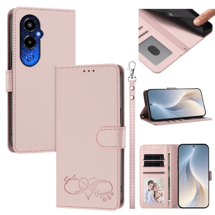 Happy Heart Pattern Magnetic Closure Vegan Leather Phone Case with Wrist Strap, For Tecno Spark 10C/Spark 10, For Tecno Spark 10 Pro/K17 4G, For Tecno Camon 19/19 Pro 5G, For Tecno Pova 4 Pro, For Tecno Pova 4