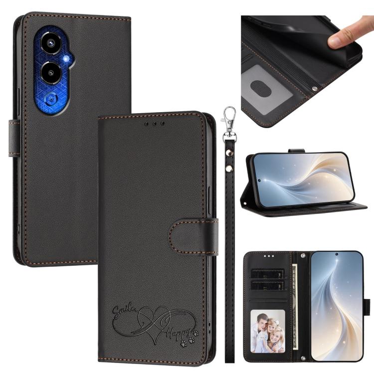 Happy Heart Pattern Magnetic Closure Vegan Leather Phone Case with Wrist Strap, For Tecno Spark 10C/Spark 10, For Tecno Spark 10 Pro/K17 4G, For Tecno Camon 19/19 Pro 5G, For Tecno Pova 4 Pro, For Tecno Pova 4