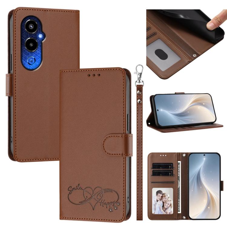 Happy Heart Pattern Magnetic Closure Vegan Leather Phone Case with Wrist Strap, For Tecno Spark 10C/Spark 10, For Tecno Spark 10 Pro/K17 4G, For Tecno Camon 19/19 Pro 5G, For Tecno Pova 4 Pro, For Tecno Pova 4