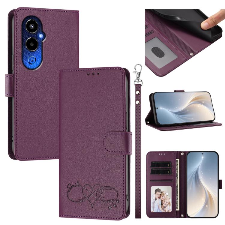 Happy Heart Pattern Magnetic Closure Vegan Leather Phone Case with Wrist Strap, For Tecno Spark 10C/Spark 10, For Tecno Spark 10 Pro/K17 4G, For Tecno Camon 19/19 Pro 5G, For Tecno Pova 4 Pro, For Tecno Pova 4