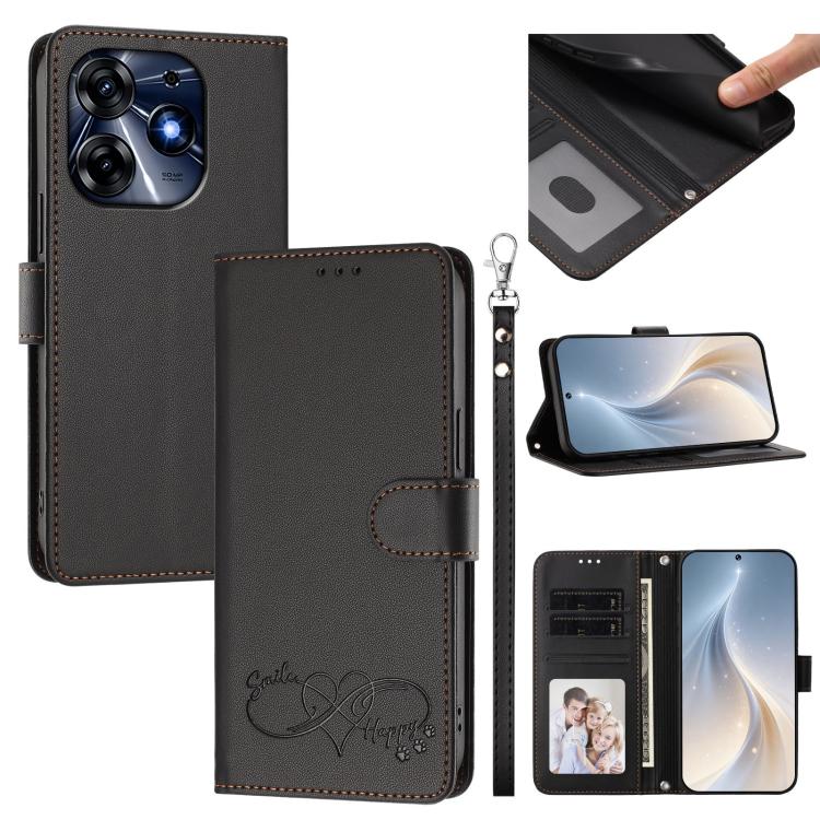 Happy Heart Pattern Magnetic Closure Vegan Leather Phone Case with Wrist Strap, For Tecno Spark 10C/Spark 10, For Tecno Spark 10 Pro/K17 4G, For Tecno Camon 19/19 Pro 5G, For Tecno Pova 4 Pro, For Tecno Pova 4