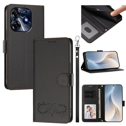 Happy Heart Pattern Magnetic Closure Vegan Leather Phone Case with Wrist Strap, For Tecno Spark 10C/Spark 10, For Tecno Spark 10 Pro/K17 4G, For Tecno Camon 19/19 Pro 5G, For Tecno Pova 4 Pro, For Tecno Pova 4