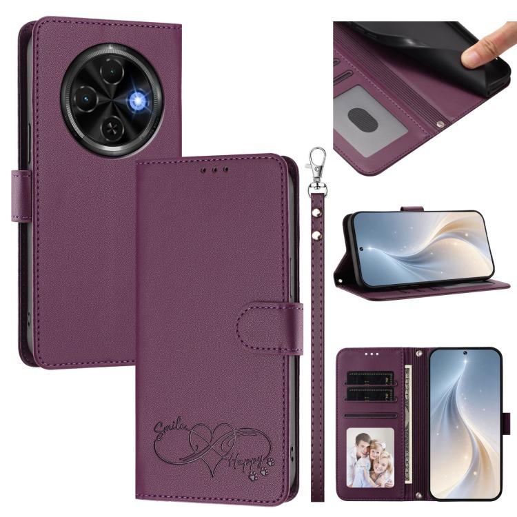 Happy Heart Pattern Magnetic Closure Vegan Leather Phone Case with Wrist Strap, For Tecno Spark 30, For Tecno Pova 6 Neo 5G, For Tecno Spark 30C, For Tecno Spark 20 Pro 5G, For Tecno Spark 10 Pro Magic Magenta, For Tecno Pova 6, For Tecno Pova 6 / 6 Pr...