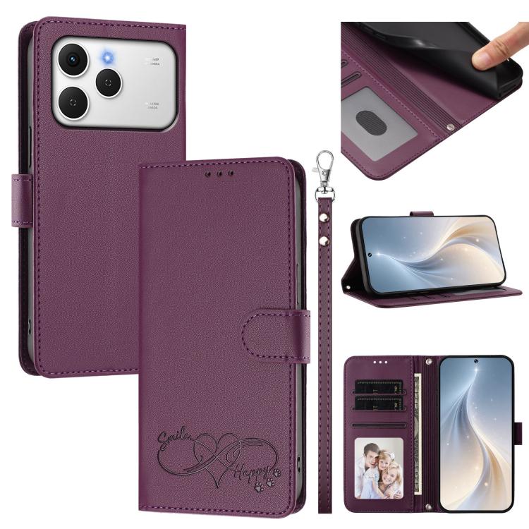 Happy Heart Pattern Magnetic Closure Vegan Leather Phone Case with Wrist Strap, For Tecno Spark 40 5G, For Tecno Spark Slim, For Tecno Spark GO 2024, For Tecno Spark 40C, For Tecno Pova 7 Pro 5G, For Tecno Spark 40 Pro+ 4G, For Tecno Spark 40 Pro 4G   ...