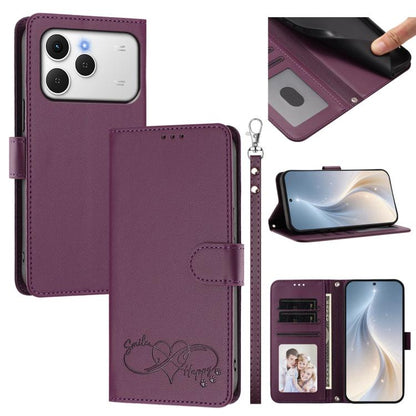 Happy Heart Pattern Magnetic Closure Vegan Leather Phone Case with Wrist Strap, For Tecno Spark 40 5G, For Tecno Spark Slim, For Tecno Spark GO 2024, For Tecno Spark 40C, For Tecno Pova 7 Pro 5G, For Tecno Spark 40 Pro+ 4G, For Tecno Spark 40 Pro 4G   ...