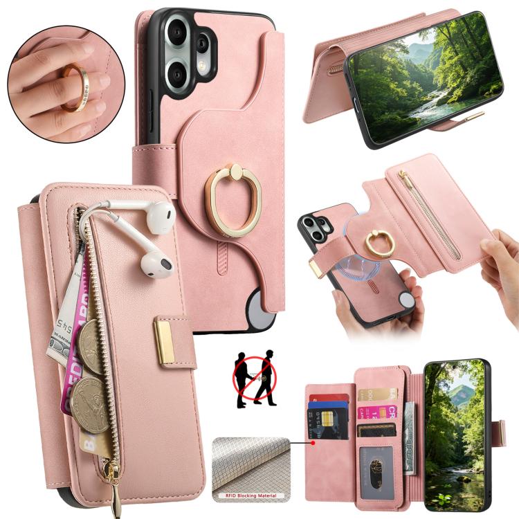 Ring Zipper Wallet RFID Blocking MagSafe Leather Phone Case, For Nothing CMF Phone 2 Pro