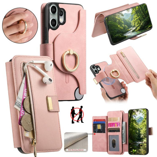 Ring Zipper Wallet RFID Blocking MagSafe Leather Phone Case, For Nothing CMF Phone 2 Pro