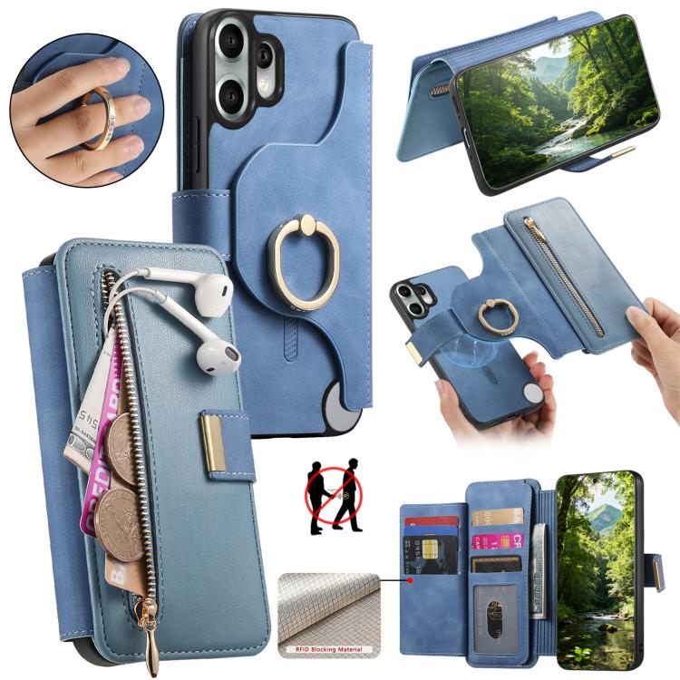 Ring Zipper Wallet RFID Blocking MagSafe Leather Phone Case, For Nothing CMF Phone 2 Pro