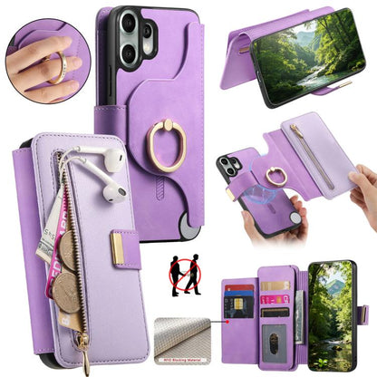Ring Zipper Wallet RFID Blocking MagSafe Leather Phone Case, For Nothing CMF Phone 2 Pro