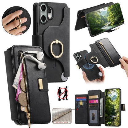 Ring Zipper Wallet RFID Blocking MagSafe Leather Phone Case, For Nothing CMF Phone 2 Pro