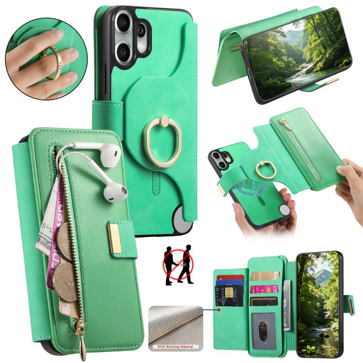 Ring Zipper Wallet RFID Blocking MagSafe Leather Phone Case, For Nothing CMF Phone 2 Pro