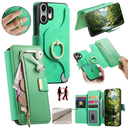 Ring Zipper Wallet RFID Blocking MagSafe Leather Phone Case, For Nothing CMF Phone 2 Pro