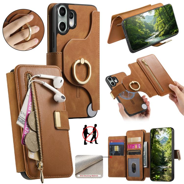 Ring Zipper Wallet RFID Blocking MagSafe Leather Phone Case, For Nothing CMF Phone 2 Pro