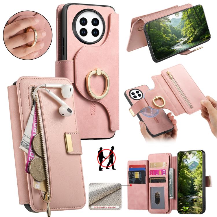 Ring Zipper Wallet RFID Blocking MagSafe Leather Phone Case, For Realme 16 Pro+ 5G, For Realme 16 Pro 5G, For Realme 15T 5G, For Realme GT 7 Pro 5G, For Realme 13 4G / 12 4G / 12+ / P1 5G, For Realme 13 Pro / 12 Pro / P1 Pro 5G