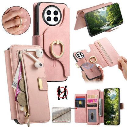 Ring Zipper Wallet RFID Blocking MagSafe Leather Phone Case, For Realme 16 Pro+ 5G, For Realme 16 Pro 5G, For Realme 15T 5G, For Realme GT 7 Pro 5G, For Realme 13 4G / 12 4G / 12+ / P1 5G, For Realme 13 Pro / 12 Pro / P1 Pro 5G